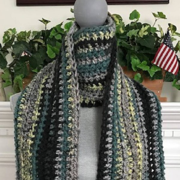 crochet handmade fashion bulky chunky long scarf adult man woman Charisma variegated soft yarn Stormy gray green black 8" x 76" new