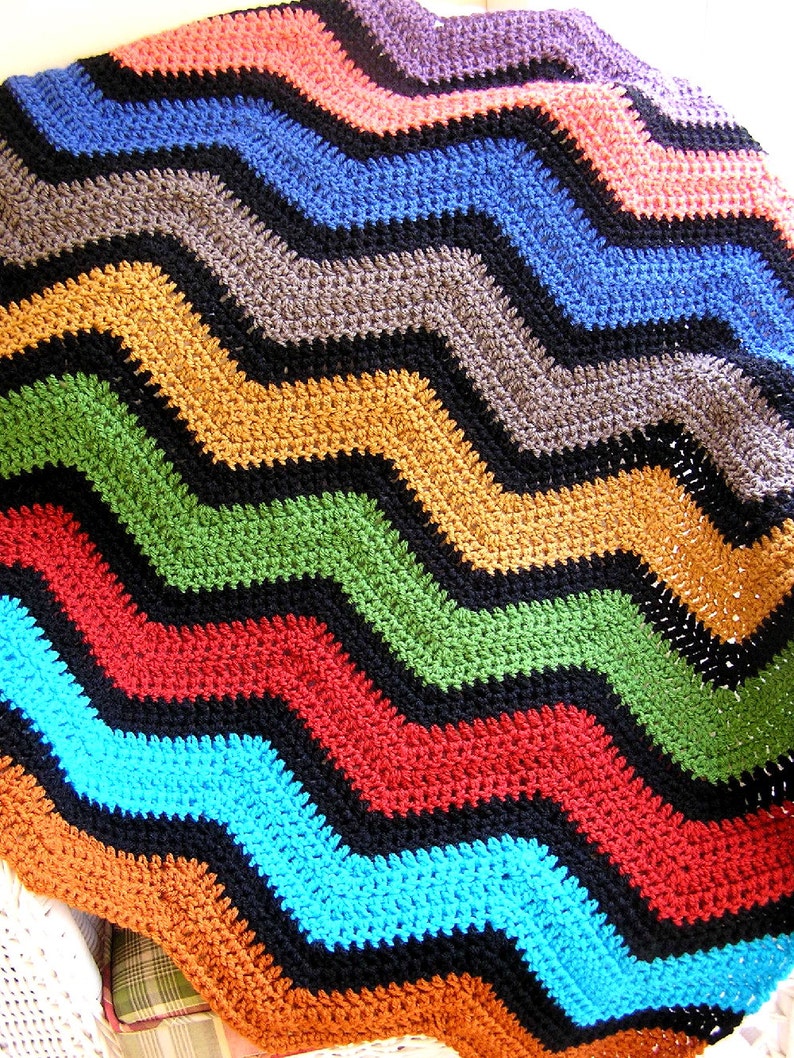 new chevron zig zag ripple baby toddler blanket afghan wrap crochet knit wheelchair stripes VANNA WHITE yarn adult lap robe blue brown green