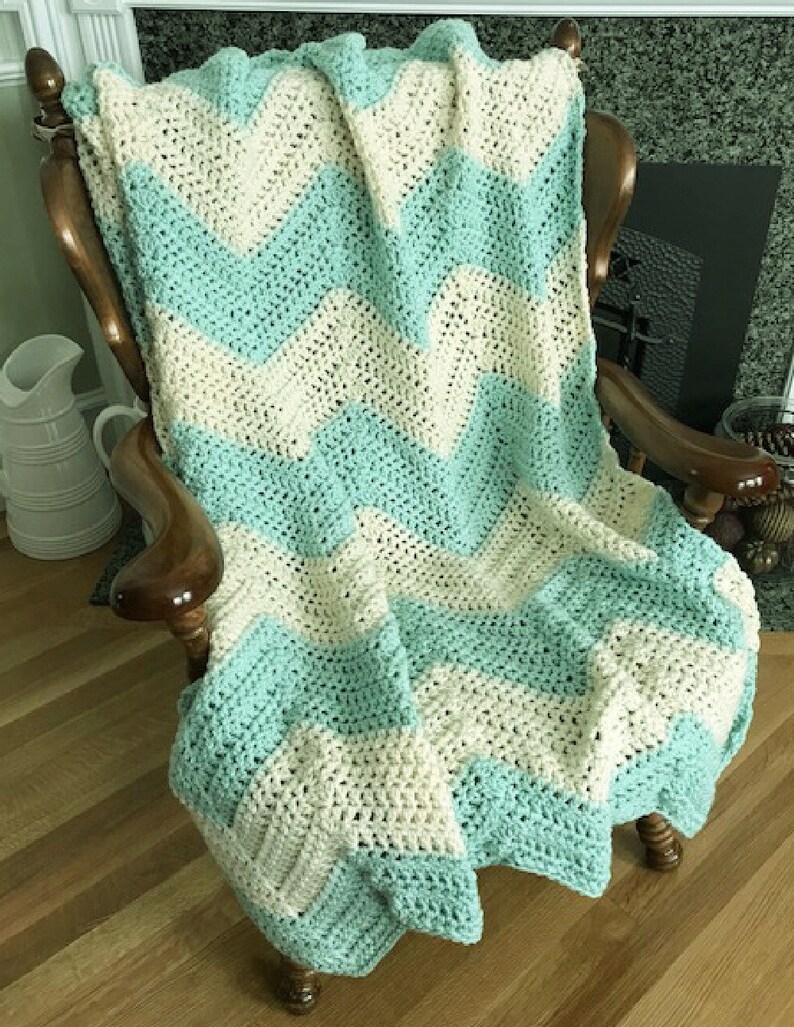 Handmade Crochet Chevron Ripple Striped Chunky Bulky Couch Afghan sofa Throw Baby Blanket stretchy stripes soft Green Natural 42\u201d x 48\u201d