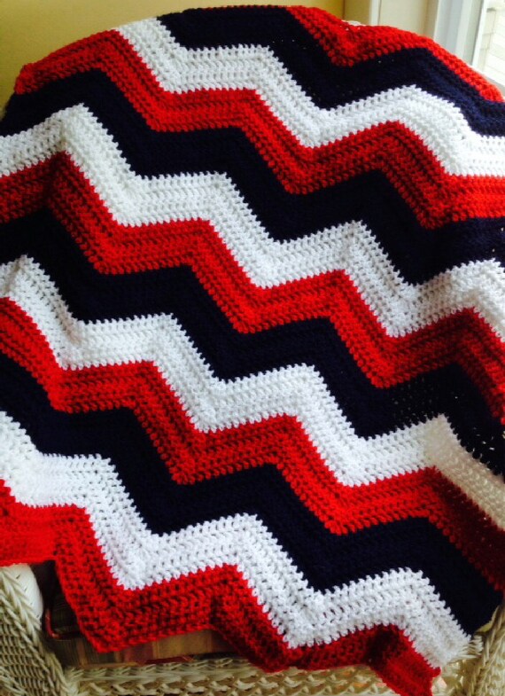 New Chevron Zig Zag Ripple Baby Blanket Afghan Wrap Crochet Wheelchair  Stripes VANNA WHITE Red Blue Yarn Patriotic Military Handmade in USA 