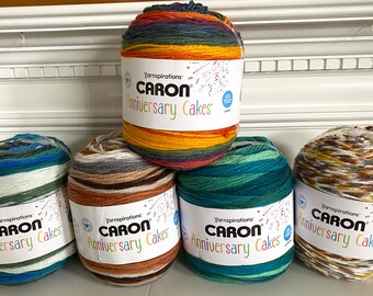 Yarnspirations Caron ANNIVERSARY CAKE Yarn Super Bulky 6 Acrylic Self Striping 1000 grams Rain Monstera Rainbow Birch Spice Dots