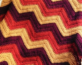 new chevron zig zag ripple baby toddler blanket afghan wrap crochet knit wheelchair stripes VANNA WHITE yarn adult lap robe rust red multi