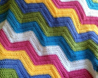 new chevron zig zag ripple baby blanket afghan wrap crochet knit wheelchair stripes VANNA WHITE yarn multi color bright pastels handmade USA