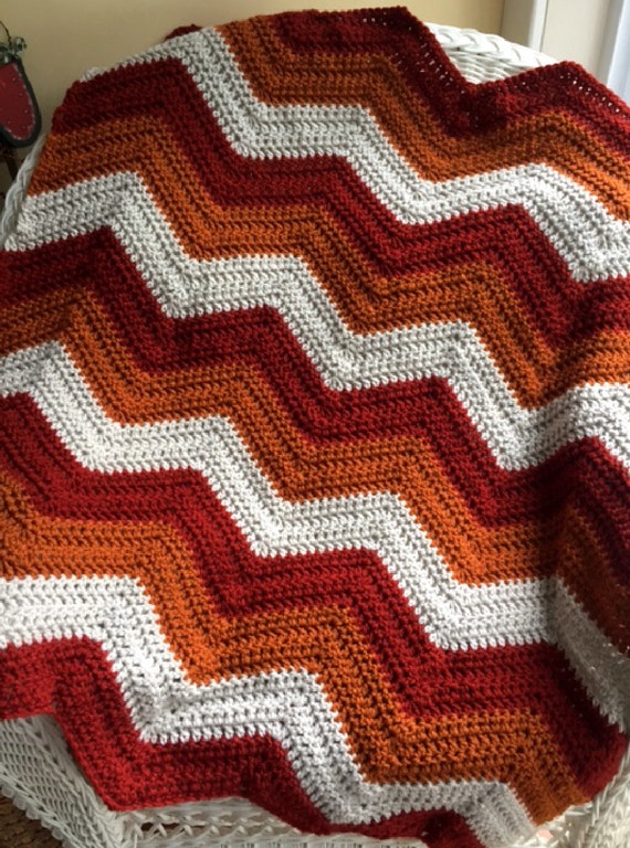 chevron zig zag ripple baby toddler blanket afghan wrap crochet wheelchair  stripes VANNA WHITE yarn adult lap red rust beige FALL 32