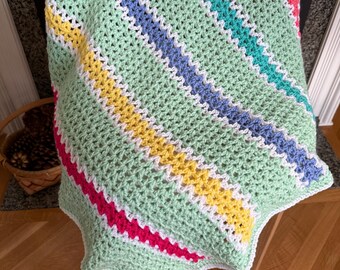 Handmade Crochet V-Stitch Baby Blanket Afghan Wrap Green Stripes Rainbow Multicolor Bright Acrylic Unisex Boy Girl 35" x 30"