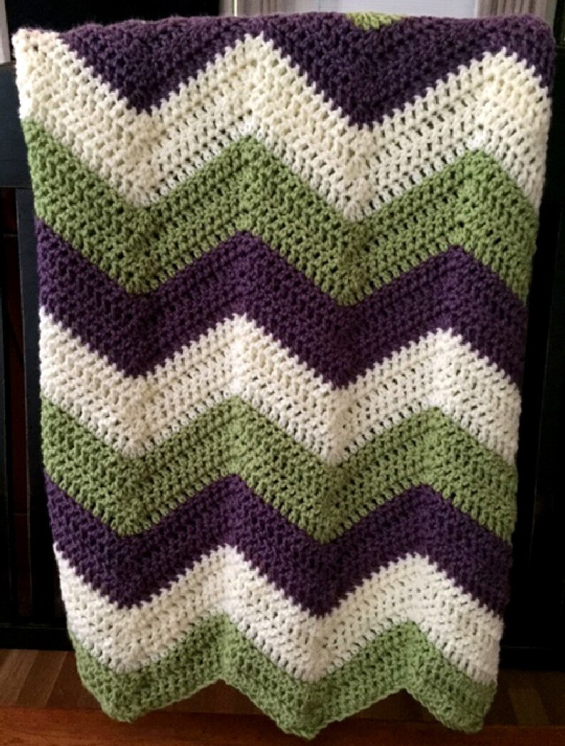 chevron ripple couch throw afghan blanket baby shawl wrap 42\u201dx46\u201d crochet knit wheelchair striped VANNA WHITE yarn purple green made in USA