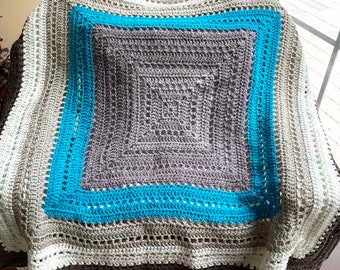 Handmade Crochet Granny Square Blanket Afghan Lapghan Throw Brown Blue 40" x 40"