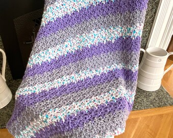 Handmade Crochet Baby Blanket Afghan Wrap Shawl Multicolor Purple Gray Sprinkles Girl