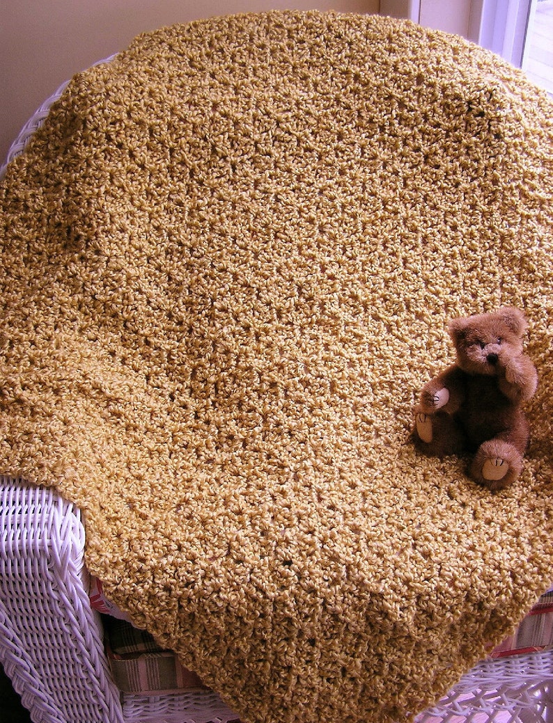 new baby blanket afghan wrap shawl crochet knit toddler photo prop lion brand homespun yarn golden gold yellow soft handmade in the USA