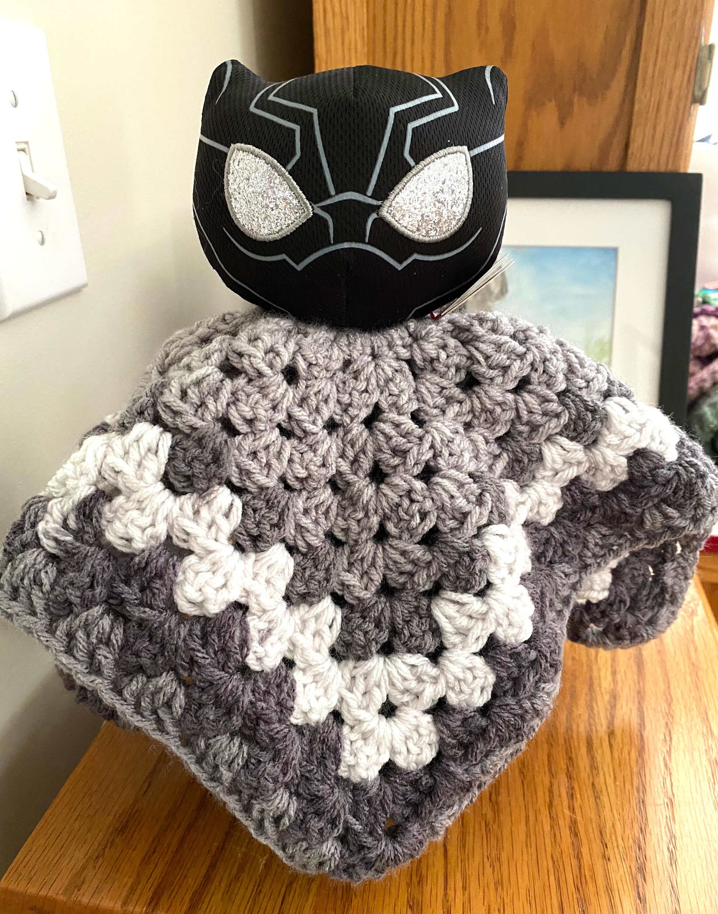 LOVEY Black Silver superhero Plush Doll Handmade crochet removable granny security Blankie Baby toddler doll toy gift boy