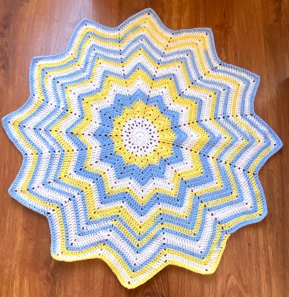 Crochet 12 POINT STAR Baby Blanket Afghan Wrap Blue Yellow White Striped  41