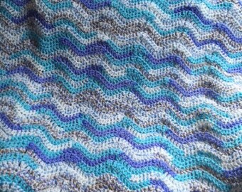 CROCHET lace wavy ripple baby nursery toddler SOFT blanket afghan wrap handmade variegated aqua blue boy girl new