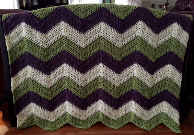 chevron ripple couch throw afghan blanket baby shawl wrap 42\u201dx46\u201d crochet knit wheelchair striped VANNA WHITE yarn purple green made in USA