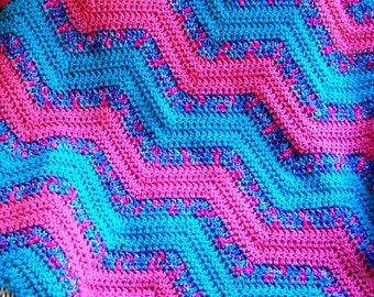 new chevron zig zag baby blanket afghan wrap crochet knit lap robe wheelchair ripple stripes VANNA WHITE yarn pink aqua girl handmade in USA