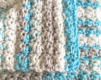 Crochet Handmade Chunky Baby Blanket Afghan Wrap Plush Striping Bloom Blue White Boy Girl Unisex