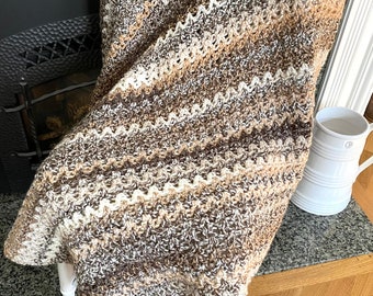 Handmade Crochet Lapghan Afghan Blanket Multi Brown Beige Cream Multi Self Striping Stripes Chunky Bulky Acrylic Soft