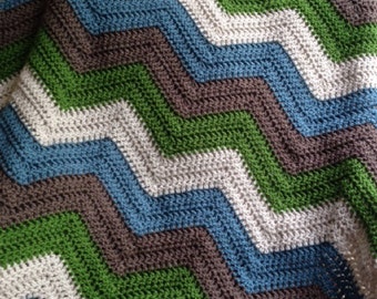 new chevron zig zag ripple baby toddler blanket afghan wrap crochet knit wheelchair stripes VANNA WHITE yarn adult lap robe blue green brown