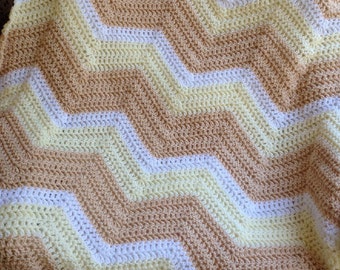 new chevron zig zag ripple baby blanket afghan wrap crochet knit wheelchair stripes VANNA WHITE yarn beige tan handmade in USA