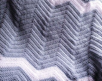 new chevron zig zag ripple baby toddler blanket afghan wrap crochet knit wheelchair stripes VANNA WHITE yarn silver blue boys girls