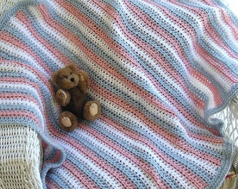 new crochet stripe baby blanket afghan wrap shawl knit stripes VANNA WHITE yarn blue pink girl soft  handmade in USA