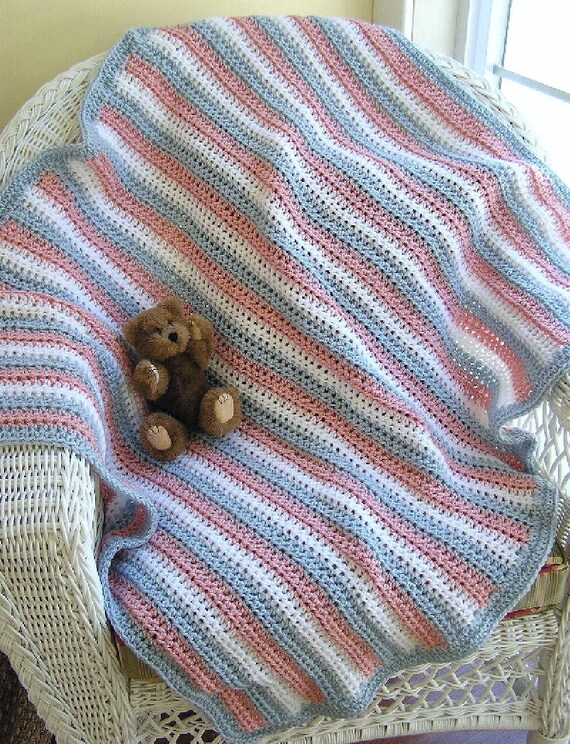 Manta de bebé a rayas de crochet, chal afgano, tejido a rayas, hilo VANNA  WHITE, azul, rosa, niña, suave, hecho a mano en 86 x 91 cm