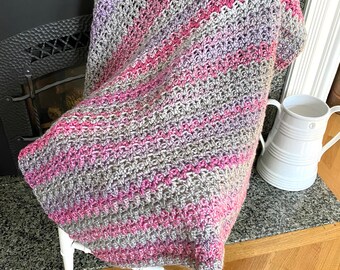 Handmade Crochet Lapghan Afghan Blanket Multi Pink Purple Gray Multi Self Striping Stripes Chunky Bulky Acrylic Soft