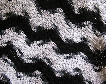 new chevron zig zag baby blanket afghan wrap crochet knit lap wheelchair ripple stripes VANNA black grey charcoal variegated handmade USA