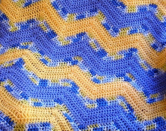 new chevron zig zag baby blanket afghan wrap crochet knit lap robe wheelchair ripple stripes VANNA WHITE yarn blue yellow handmade in USA