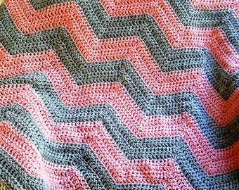 new chevron zig zag baby blanket afghan wrap crochet knit lap robe wheelchair ripple stripes VANNA WHITE yarn pink silver grey handmade USA