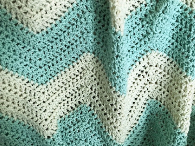 Handmade Crochet Chevron Ripple Striped Chunky Bulky Couch Afghan sofa Throw Baby Blanket stretchy stripes soft Green Natural 42\u201d x 48\u201d
