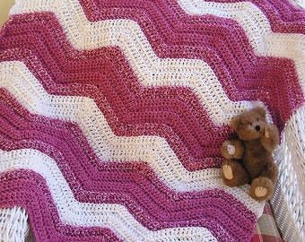 new chevron zig zag baby blanket afghan wrap crochet knit toddler ripple VANNA WHITE yarn pink rose mist soft white girl handmade in USA