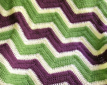 new chevron zig zag baby blanket afghan wrap crochet knit laprobe wheelchair ripple stripes LION VANNA white yarn purple green handmade USA