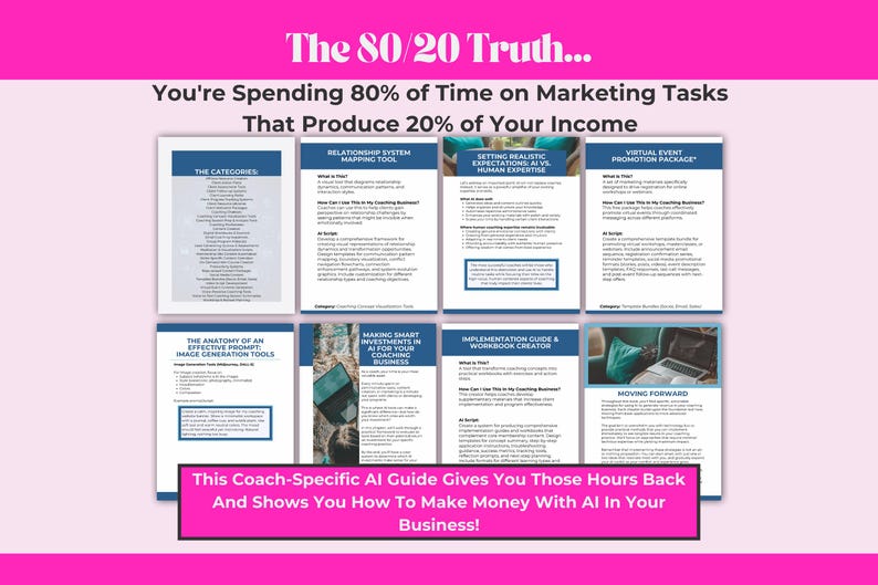 The 80/20 Truth about coach marketing showing how AI tools can help coaches reclaim time from tasks that produce minimal income with real coaching examples