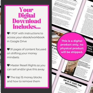 Pu&ograve; includere: Prodotto di download digitale rosa e nero con un'icona a forma di cuore e il testo "Your Digital Download Includes..." Il testo elenca i seguenti elementi: 1 PDF con istruzioni per accedere al tuo ebook/workbook in Google Drive, 91 pagine di contenuti incentrati sul cambiamento della tua mentalit&agrave; riguardo al denaro, diritti di rivendita principali per consentirti di vendere e/o regalare questo prodotto, i 15 principali blocchi finanziari e come eliminarli. Il testo "This is a digital product only, no physical product will be shipped." &egrave; in un cerchio rosa.