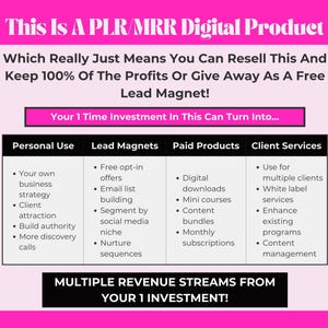 This Is A PLR/MRR Digital Product showing multiple revenue stream opportunities from personal use to lead magnets, paid products and client services for coaches