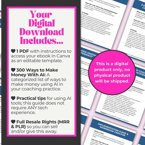 Your Digital Download Includes PDF with Canva template access, 300 ways to make money with AI, practical tips requiring no tech experience, and full PLR/MRR rights
