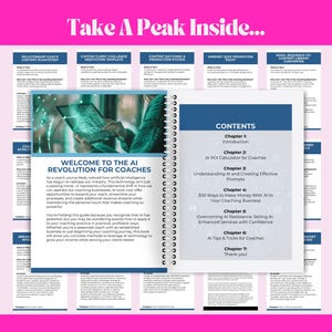 Take A Peak Inside the AI Powered Revenue For Coaches ebook showing table of contents with 7 comprehensive chapters on implementing AI in coaching businesses