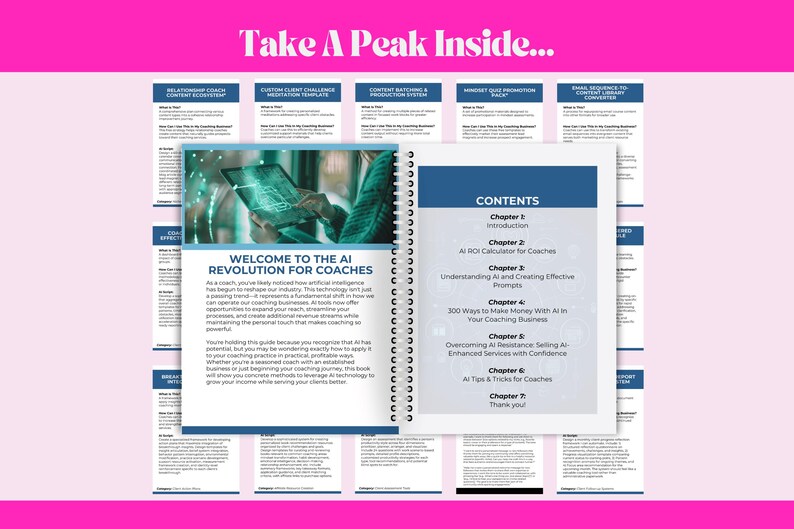 Take A Peak Inside the AI Powered Revenue For Coaches ebook showing table of contents with 7 comprehensive chapters on implementing AI in coaching businesses
