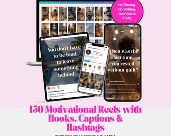 May include: A digital marketing graphic with a laptop, tablet, and smartphone displaying social media content. The image includes text: "150 Motivational Reels with Hooks, Captions & Hashtags." The background is light pink.