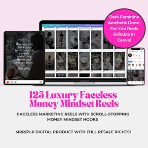 Money Mindset Instagram, Done-for-You Faceless Reels, Luxury Aesthetic MRR PLR Digital Products, Dark Modern Feminine Wealth Rich Mindset