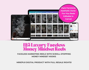 125 Money Mindset Reels: Luxury Feminine Wealth Faceless Instagram Canva Templates MRR PLR