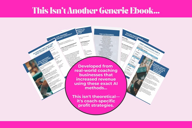 This Isn't Another Generic Ebook showing coach-specific profit strategies developed from real-world coaching businesses that increased revenue using these AI methods