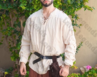 Handmade Medieval LARP Beige Shirt and Linen Brown Pants Set - Renaissance Fairs Roleplay Cosplay, Ren Faire Boots and Belt Set