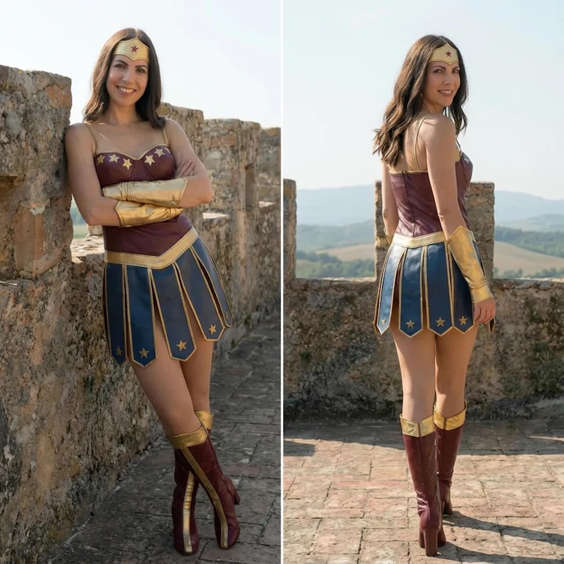 Może przedstawiać: Kostium Wonder Woman. Zawiera bordowy gorset ze złotymi gwiazdami, niebieską sp&oacute;dnicę ze złotymi wykończeniami i gwiazdami oraz złote mankiety na ramiona. Kostium uzupełnia złota opaska na głowę i bordowe buty, inspirowane kultową superbohaterką.