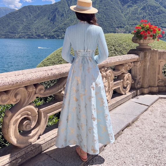 blue butterfly maxi dress Jacquard for Her | Vintage Victorian Corset Evening Gown for Renaissance Faire | Fairycore Outfit How To Use Boob