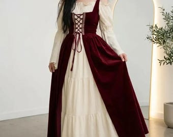 Burgundowy zestaw z gorsetem renesansowym – Cottagecore Lace Up Medieval Gown