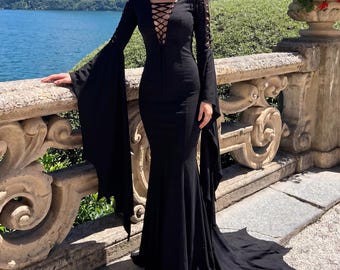 Gift for Bride Gothic Wedding Guest Dress Halloween Costume Mermaid Gown Bell Sleeve