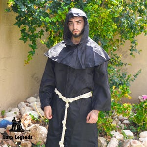 Hooded Medieval Monk Robe: Black Cosplay Cloak, LARP Costume