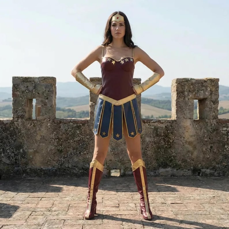 Może przedstawiać: Kostium Wonder Woman. Zawiera bordowy gorset ze złotymi gwiazdami, niebieską sp&oacute;dnicę ze złotymi detalami, złote mankiety na ramiona i bordowe buty ze złotymi wykończeniami. Widoczna jest r&oacute;wnież złota opaska na głowę z czerwoną ozdobą.