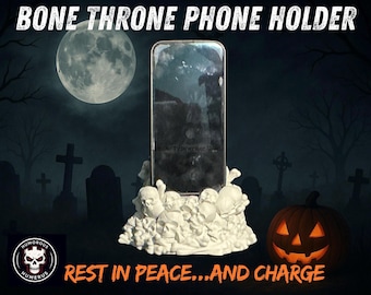 Bone Throne Skull Phone Holder – Spooky Gothic Skeleton Stand for Desk or Nightstand